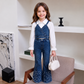 Ensemble 3 pièces pour filles avec pantalon en jean évasé, chemise blanche à manches bouffantes et débardeur en jean superposé