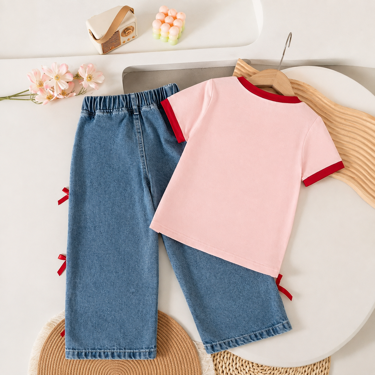 Girls' "I'm Literally Just a Girl" Bow Print T-Shirt & Denim Wide-Leg Jeans Set with Ribbon Details