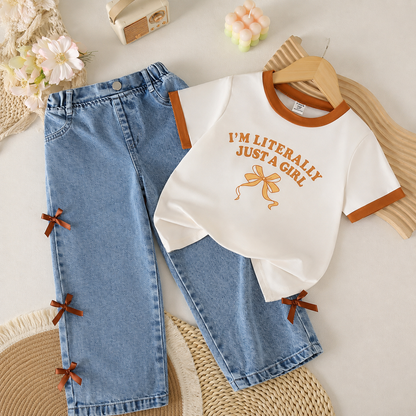 Girls' "I'm Literally Just a Girl" Bow Print T-Shirt & Denim Wide-Leg Jeans Set with Ribbon Details
