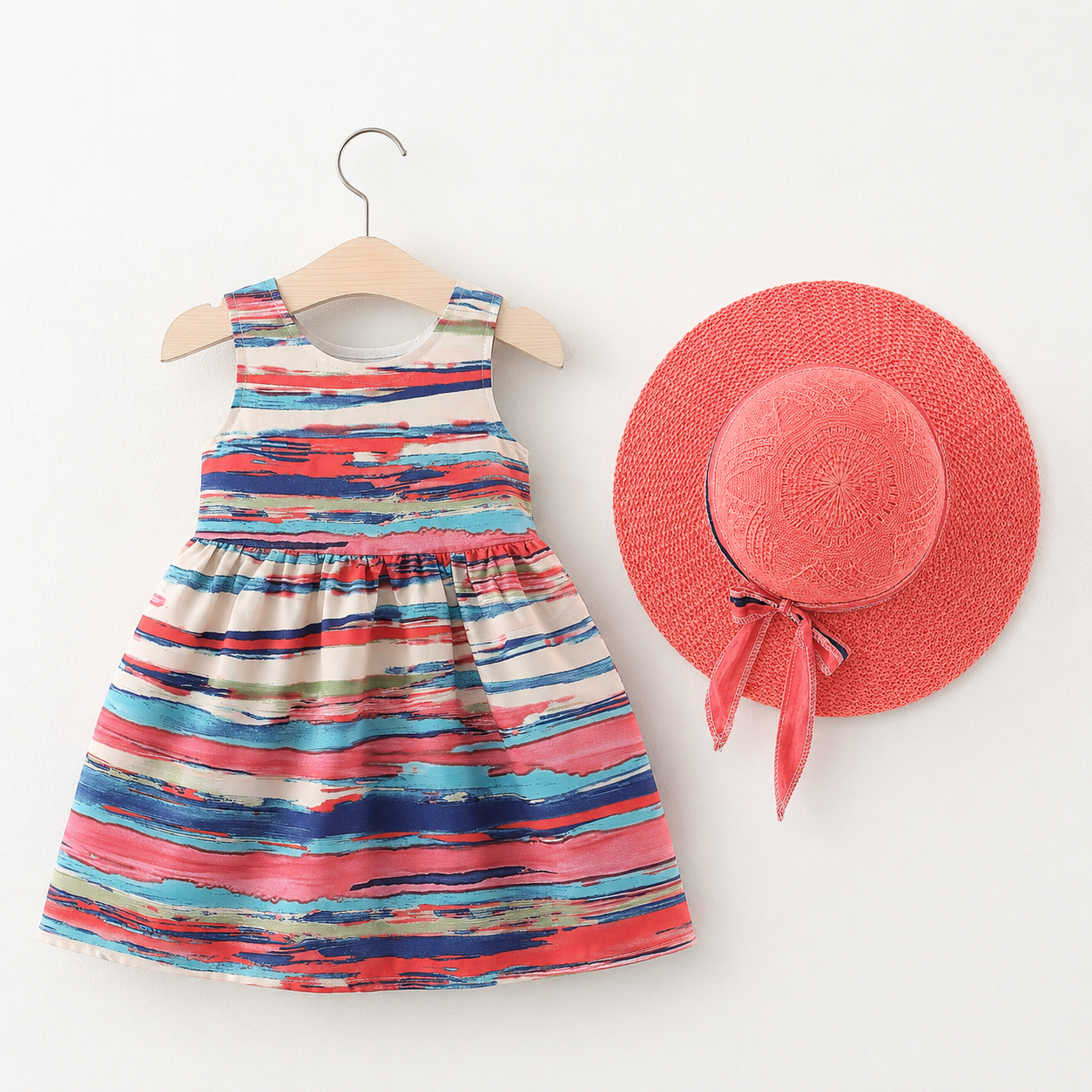 Girls' colorful summer dress with a stylish hat and a large bow tie