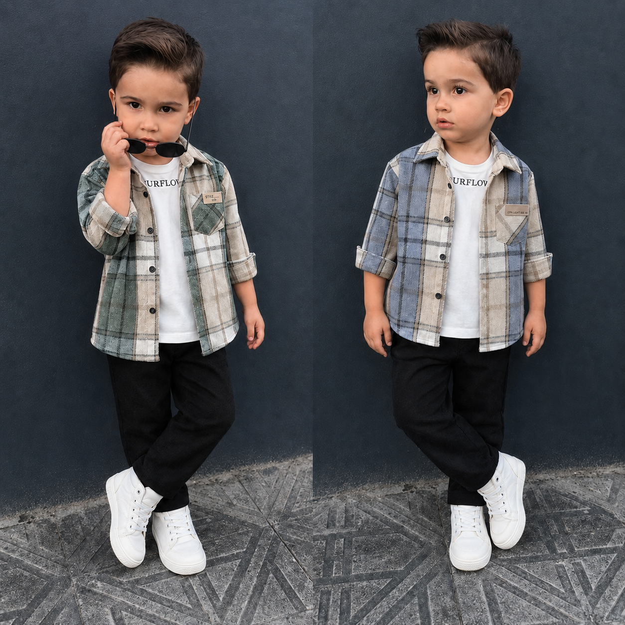 Boys 3-Piece Modern Plaid Flannel Shirt, SURFLO Graphic T-shirt, and Jogger Pants Outfit Set