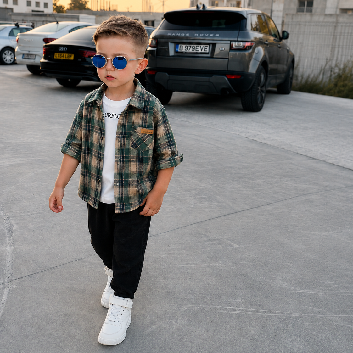 Boys' 3-Piece Modern Plaid Flannel Shirt, SURFLO Graphic T-shirt, and Jogger Pants Outfit Set