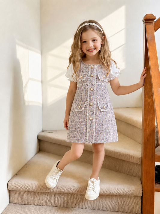Girls Elegant Tweed Puff Sleeve Party Dress – Princess Style A-Line Dress