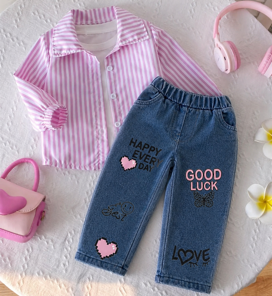 💖 Stylish 3-Piece Girls Outfit Set – Pink Striped Shirt, White Top & Trendy Jeans 💖