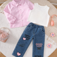 💖 Ensemble 3 Pièces Chic pour Fille – Chemise Rayée Rose, Haut Blanc & Jean Tendance 💖