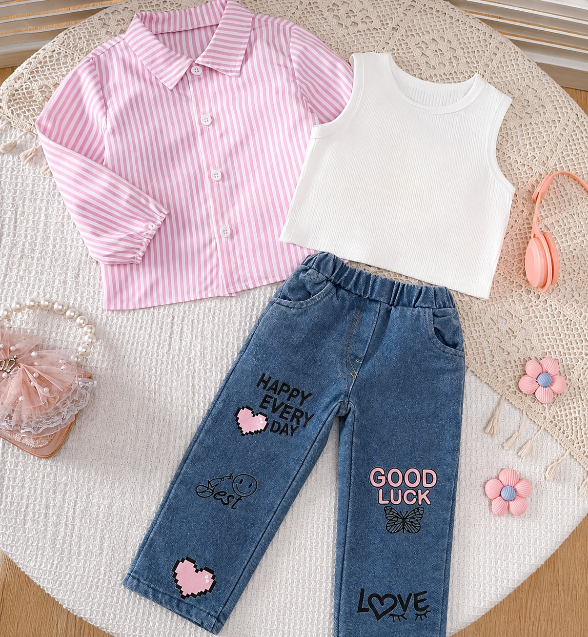 💖 Ensemble 3 Pièces Chic pour Fille – Chemise Rayée Rose, Haut Blanc & Jean Tendance 💖