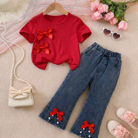 Elegant Girls Red Bow Top &  Denim Jeans Set – Stylish Outfit for Little Girls