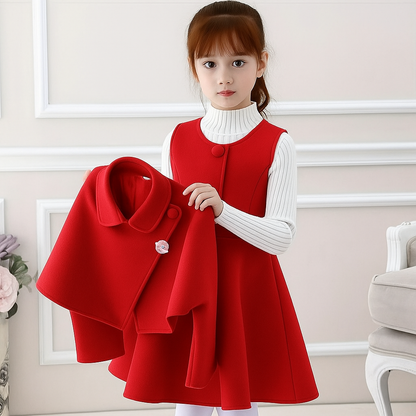 Girls Red Dress Set—Warm Bolero, Easy Front Buttons