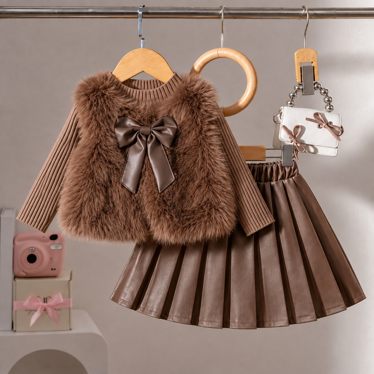 3pcs ' Elegant Winter Fur-like Coat & Skirt Set with Bow Detailing