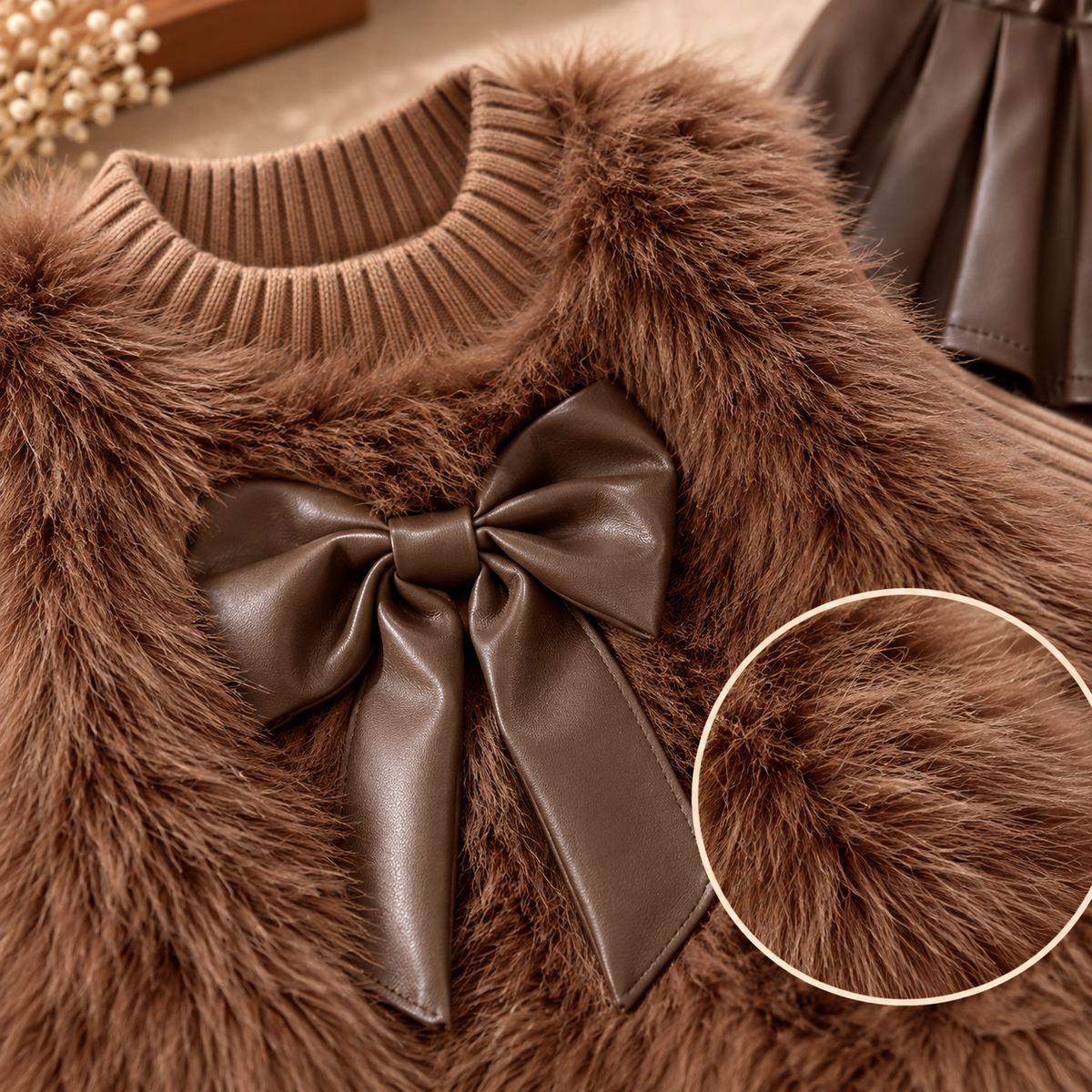 3pcs ' Elegant Winter Fur-like Coat & Skirt Set with Bow Detailing
