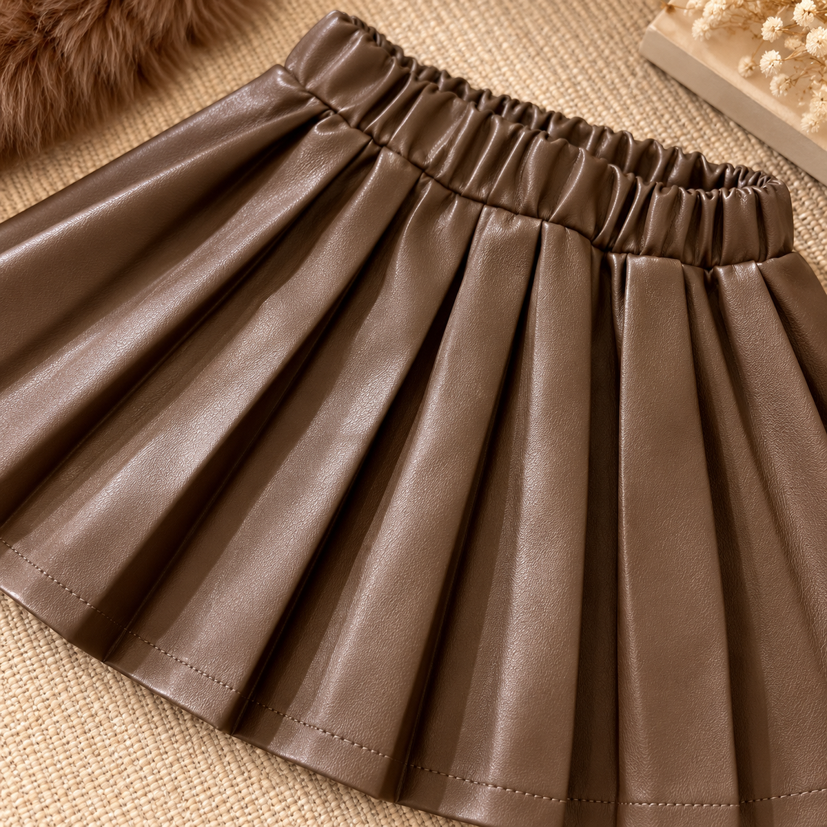 3pcs ' Elegant Winter Fur-like Coat & Skirt Set with Bow Detailing