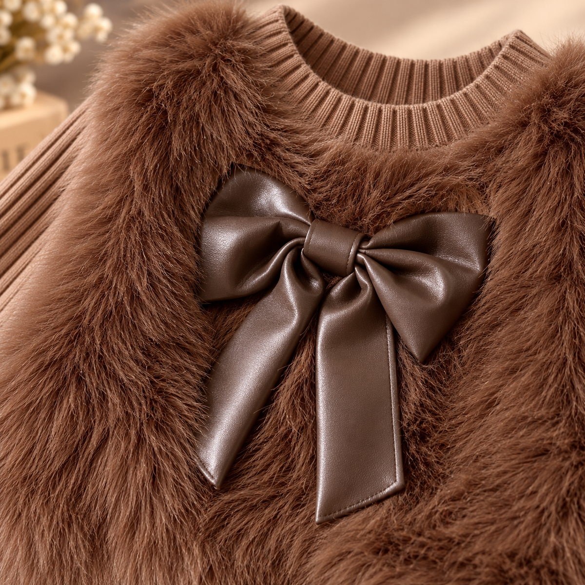 3pcs ' Elegant Winter Fur-like Coat & Skirt Set with Bow Detailing