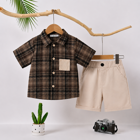 Ensemble d'été 2 pièces pour garçons – Chemise à carreaux et short beige