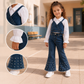 Girls' 3-Piece Denim Flare Pants Set with White Puff Sleeve Shirt & Layered Denim Camisole