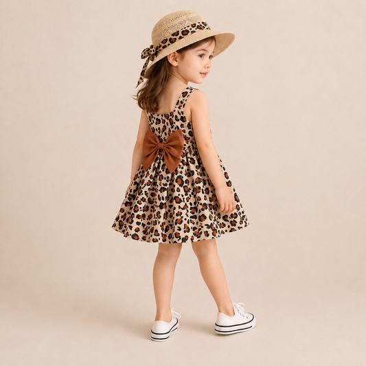 100% Cotton Two Piece Leopard Square Neck Sleeveless Bowknot Dress with Hat Set