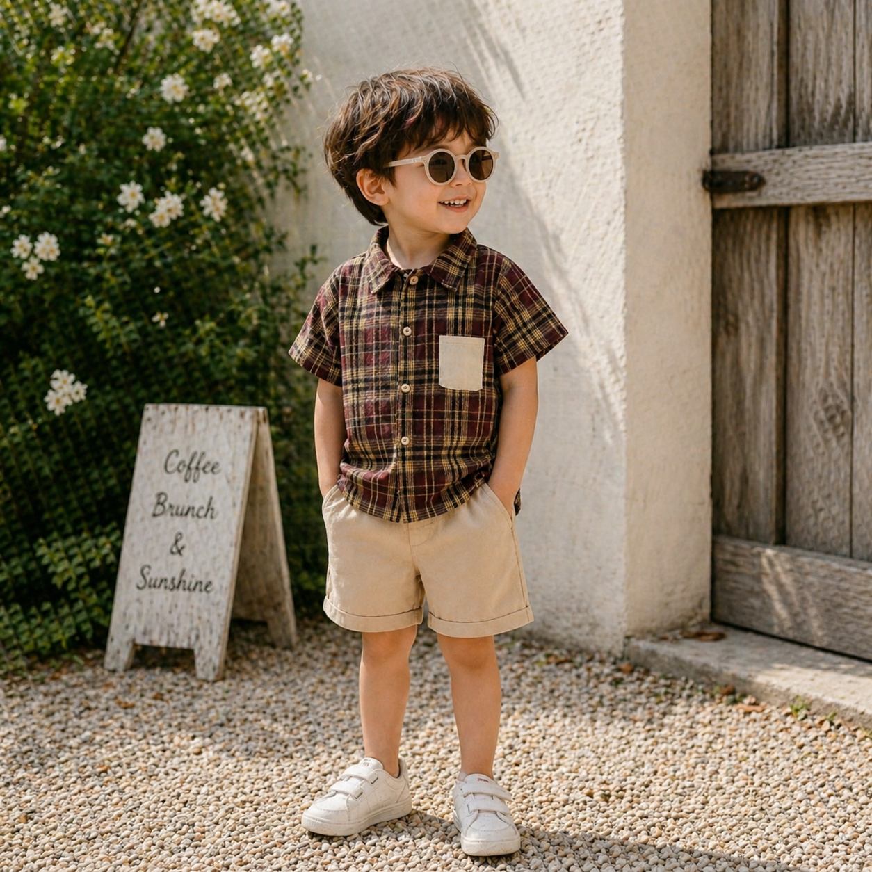 Ensemble d'été 2 pièces pour garçons – Chemise à carreaux et short beige