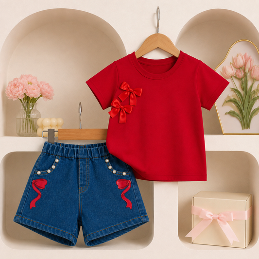 Girls Red Bow T-Shirt & Denim Shorts 2-Piece Summer Outfit Set
