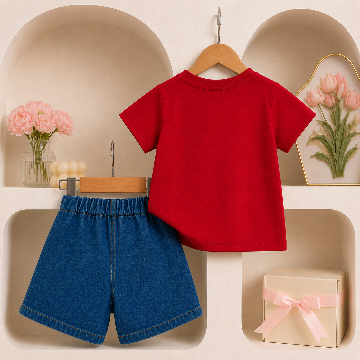 Girls Red Bow T-Shirt & Denim Shorts 2-Piece Summer Outfit Set
