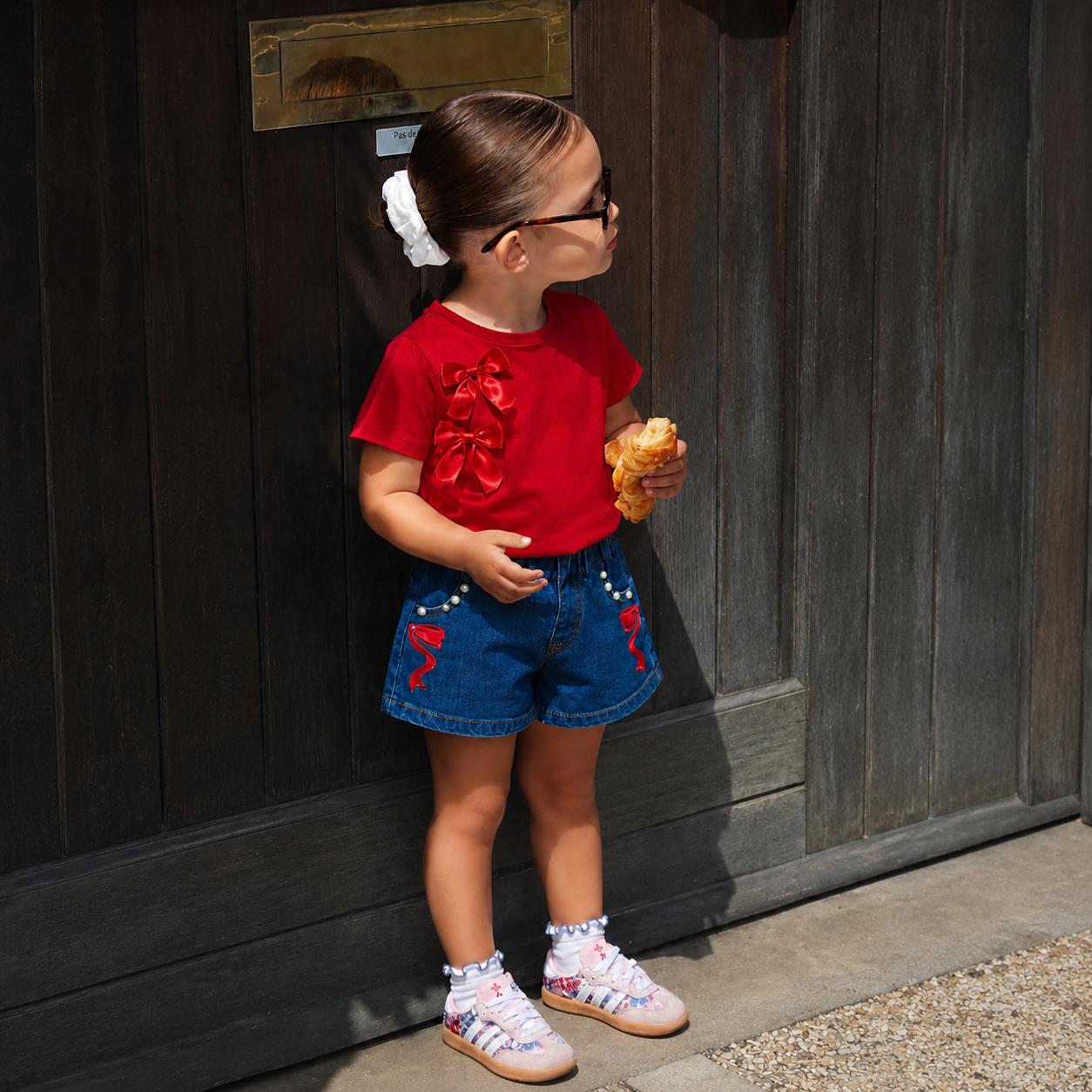 Girls Red Bow T-Shirt & Denim Shorts 2-Piece Summer Outfit Set