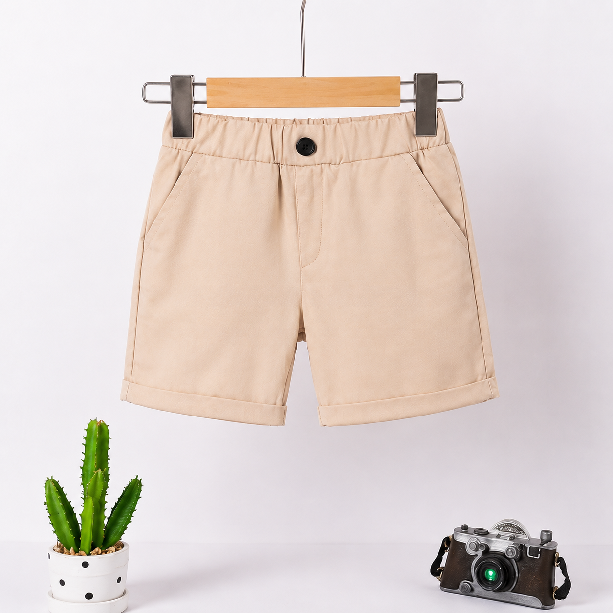 Boys 2-Piece Summer Outfit – Plaid Shirt & Beige Shorts Set