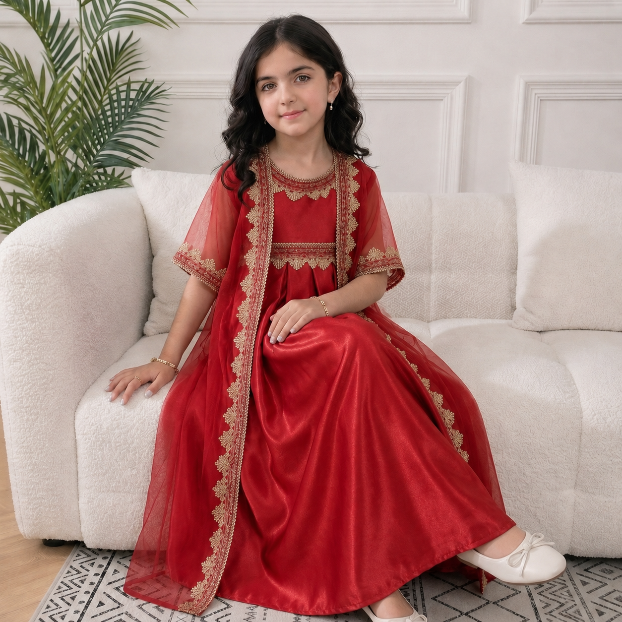Robe élégante en satin et tulle pour fille avec cape en dentelle brodée