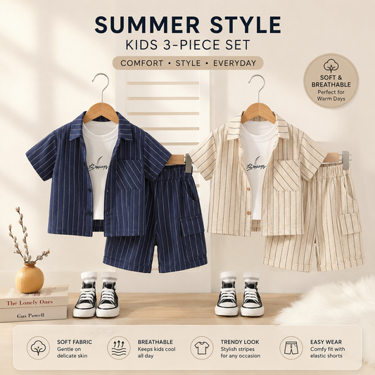 ✨ Trendy 3-Piece Summer Outfit Set for Boys – Casual Striped Style