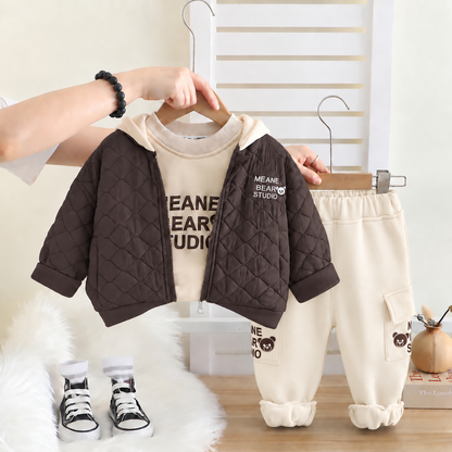 Boys’ Cozy Quilted 3-Piece Winter Set – Hooded Jacket, Sweatshirt & Warm Jogger Pants