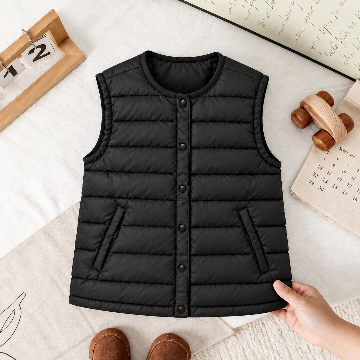 Gilet sans manches matelassé noir classique pour enfant – Une pièce polyvalente pour des tenues scolaires stylées, les aventures du week-end et les journées plus fraîches