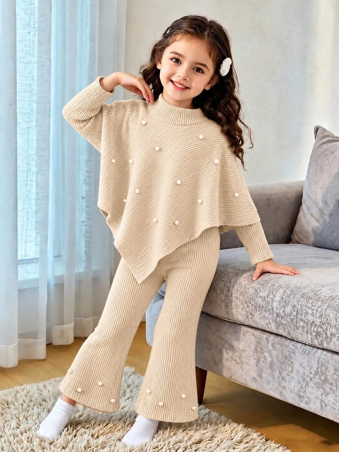 Elegant Girls’ Ribbed Knit Two-Piece Set with Pearl Details – Warm, Soft &amp; Stylish Winter Outfit
