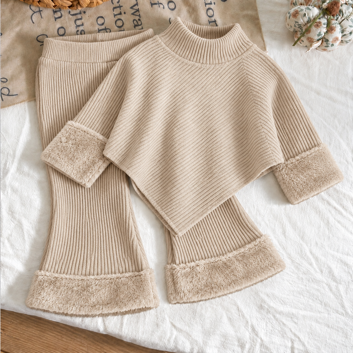Cozy Winter Ribbed Knit Set for Girls – Soft High-Neck Sweater &amp; Flared Pants with Plush Faux-Fur Trim