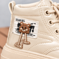 Girls’ Glossy Lace-Up Ankle Boots with Chunky Soles and Cute Bear Details