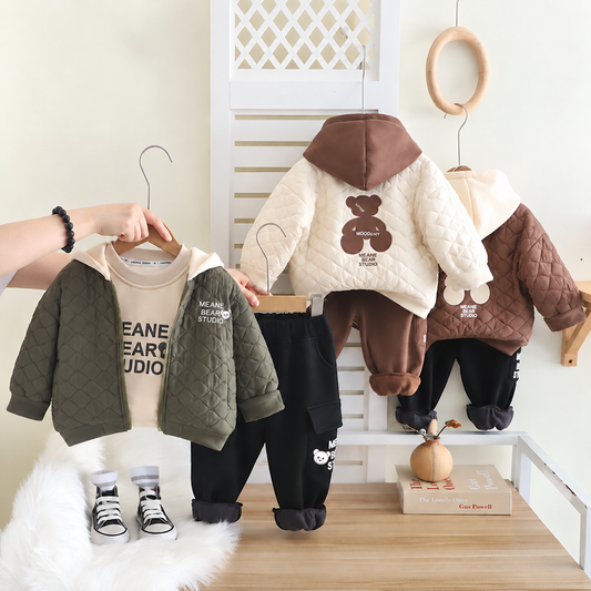 Boys’ Cozy Quilted 3-Piece Winter Set – Hooded Jacket, Sweatshirt & Warm Jogger Pants