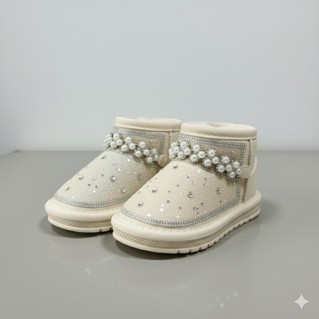 Kids Winter Glitter Boots with Pearls – Warm Fur Lined Non-Slip Ankle Shoes for Girls,