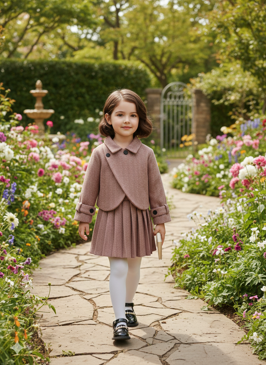 Girls' Autumn/Winter Casual Tweed Lapel Coat and Retro Pleated Skirt Two-Piece Set