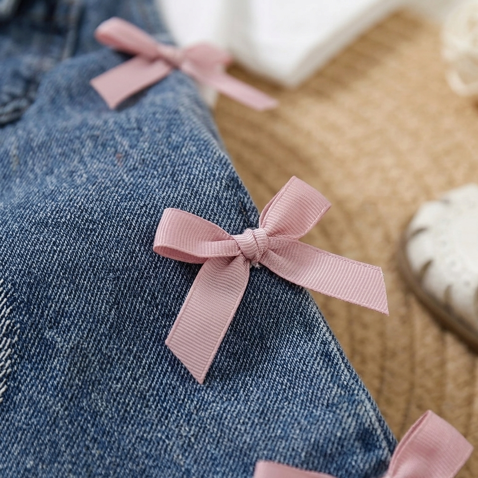 Ensemble 2 pièces salopette en jean avec t-shirt blanc et nœud pour fille