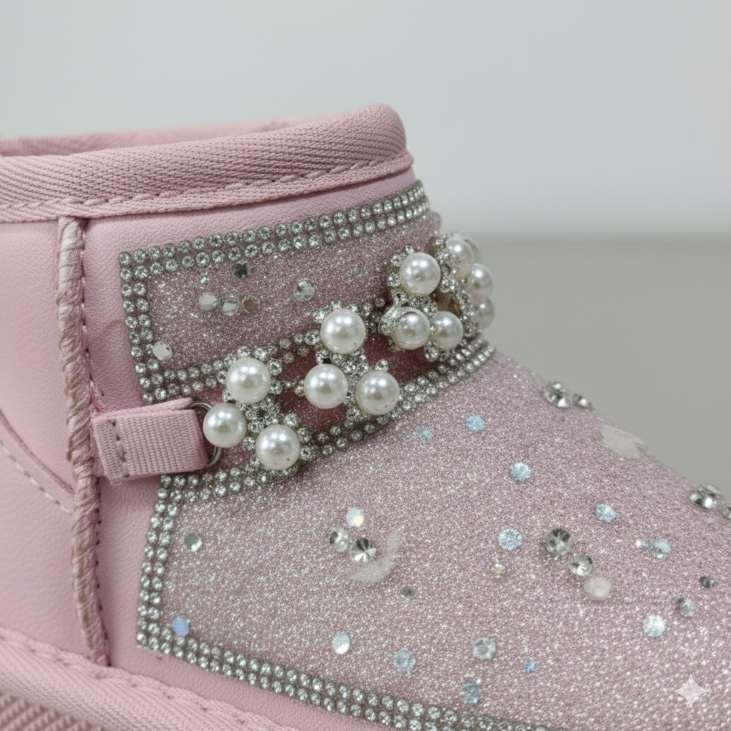 Kids Winter Glitter Boots with Pearls – Warm Fur Lined Non-Slip Ankle Shoes for Girls,