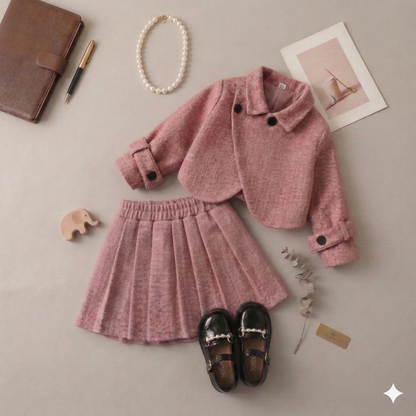 Girls' Autumn/Winter Casual Tweed Lapel Coat and Retro Pleated Skirt Two-Piece Set