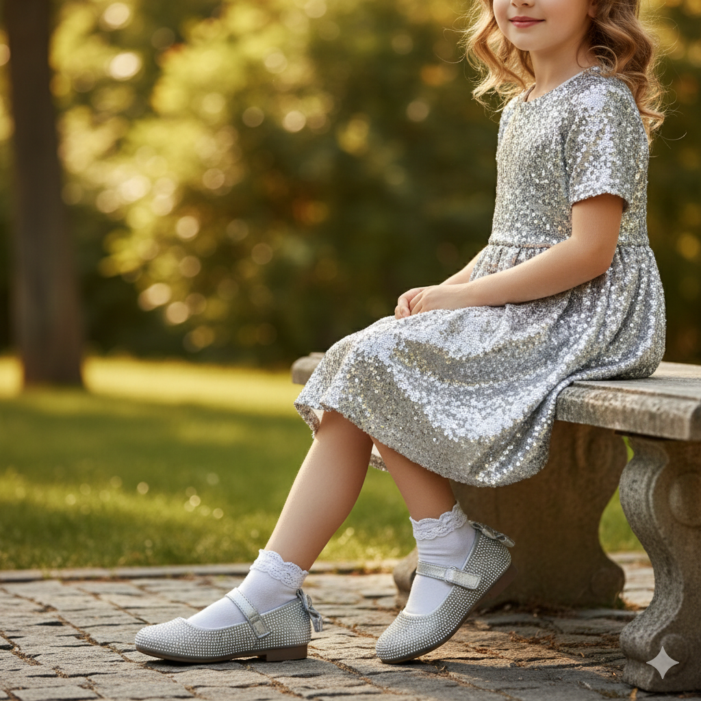 Girls Sparkly Mary Jane Flats with Bow – Elegant Rhinestone Party Shoes