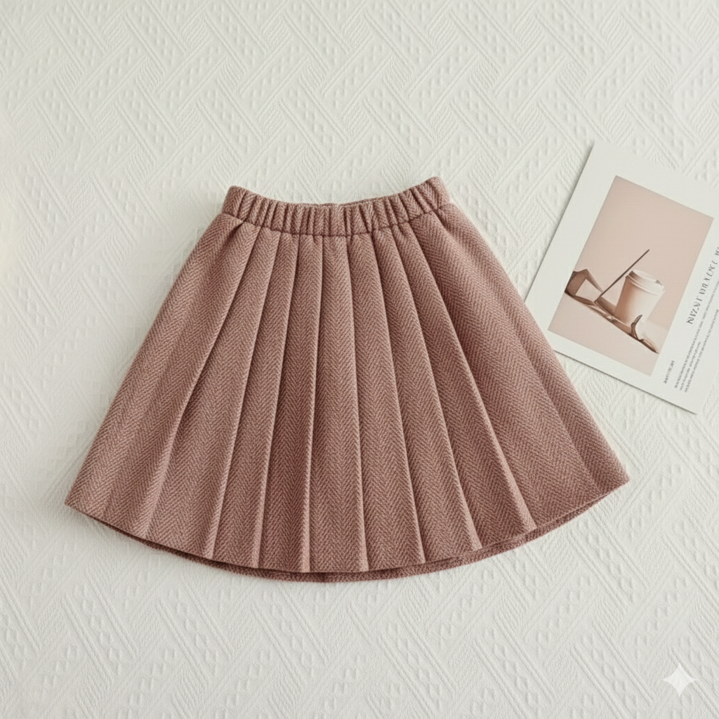 Girls' Autumn/Winter Casual Tweed Lapel Coat and Retro Pleated Skirt Two-Piece Set