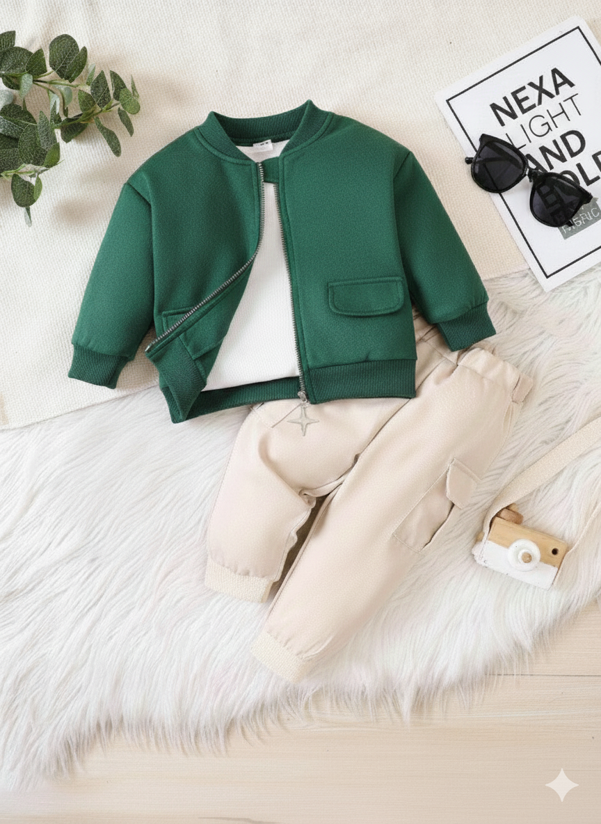 Stylish Baby Boy Suede Jacket & Cargo Pants Set – Cozy & Trendy Outfit for All Seasons