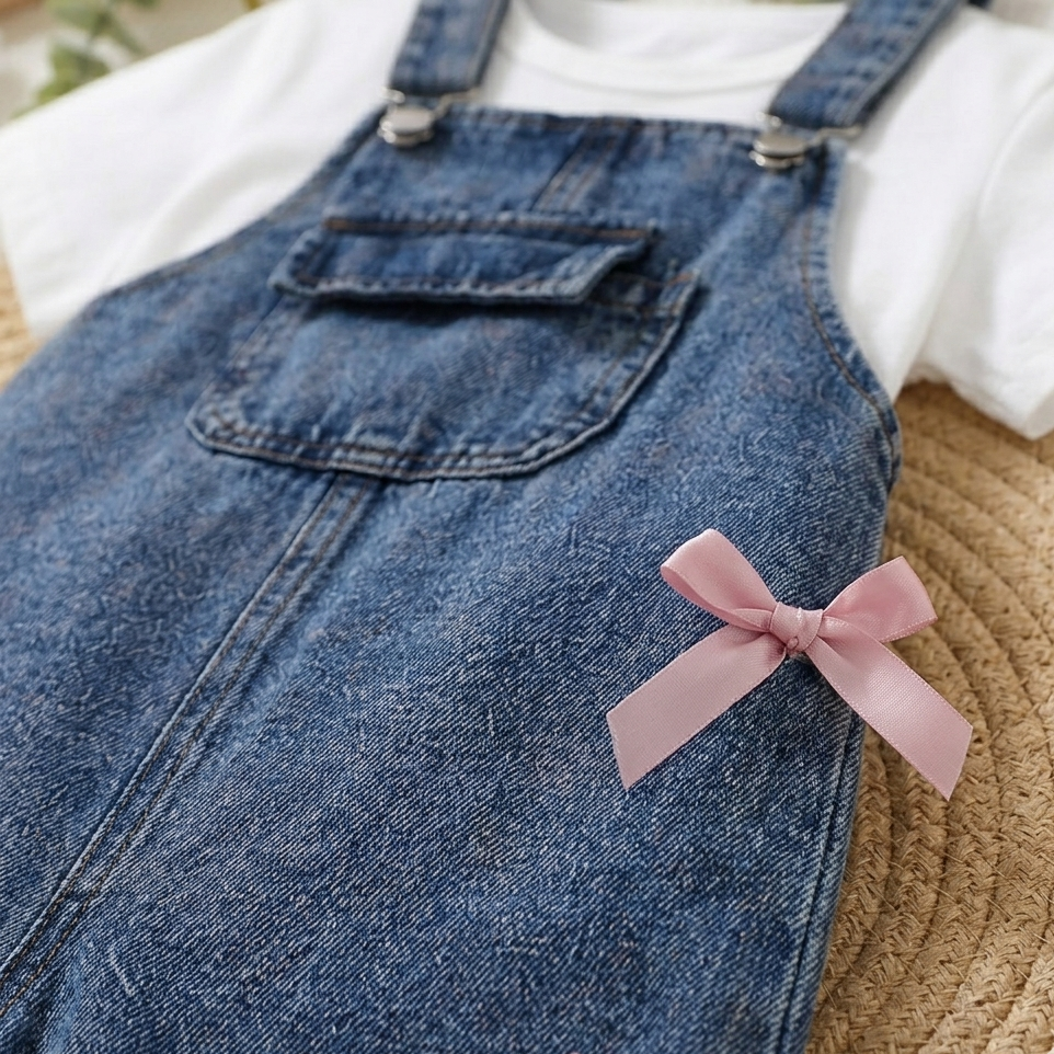Ensemble 2 pièces salopette en jean avec t-shirt blanc et nœud pour fille
