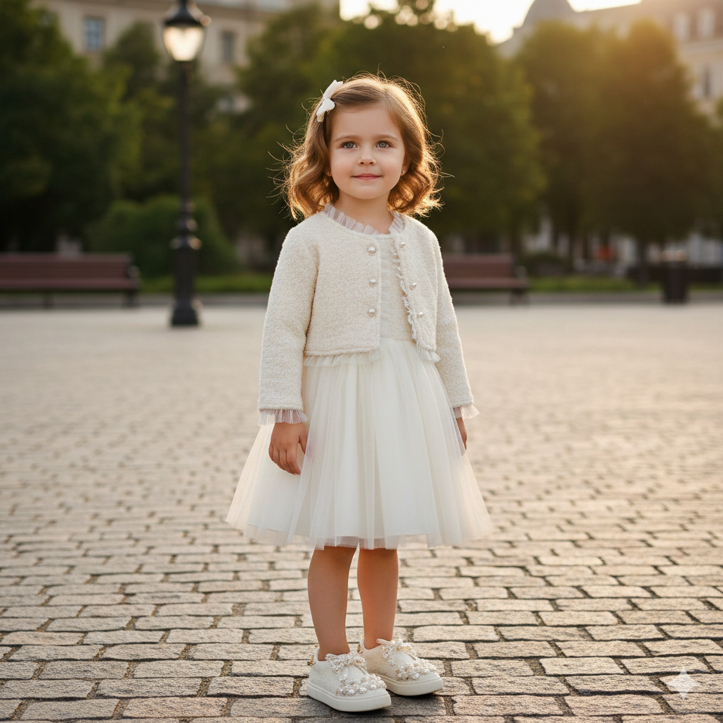 Girls Elegant Ivory Tulle Dress Set with Soft Jacket