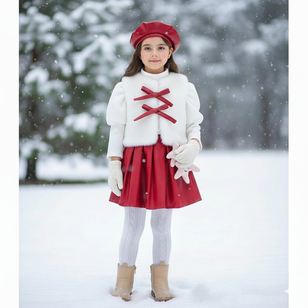 Ensemble d'hiver élégant pour fille : gilet en fausse fourrure, haut à manches bouffantes, jupe plissée et béret assorti