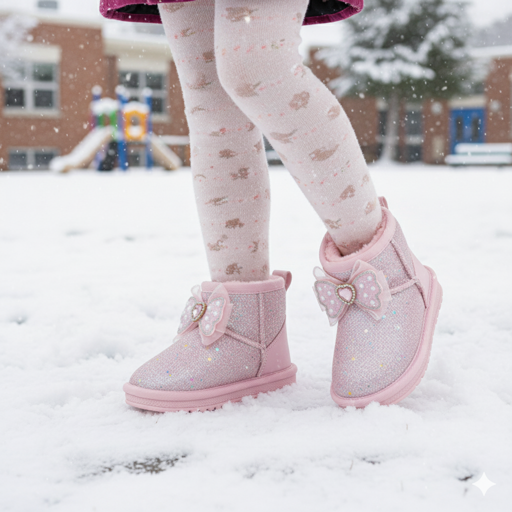 Girls' Glitter Bow Boots, Plush-Lined Warmth + Traction