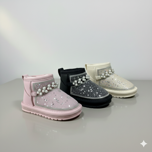 Bottes d'hiver à paillettes pour enfants avec perles – Chaussures montantes chaudes et antidérapantes doublées de fourrure pour filles,