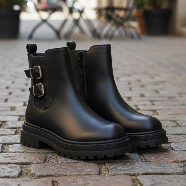 Bottines noires à boucle pour filles avec semelle épaisse