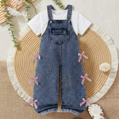 Ensemble 2 pièces salopette en jean avec t-shirt blanc et nœud pour fille