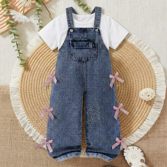 Ensemble 2 pièces salopette en jean avec t-shirt blanc et nœud pour fille