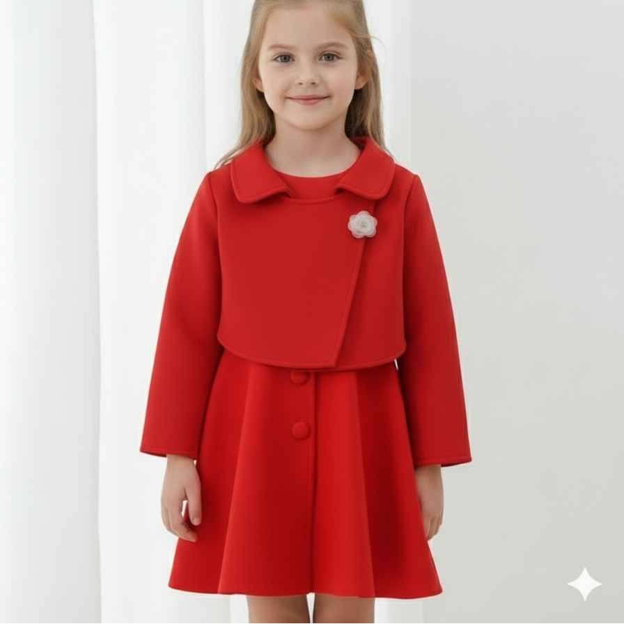 Girls Red Dress Set—Warm Bolero, Easy Front Buttons