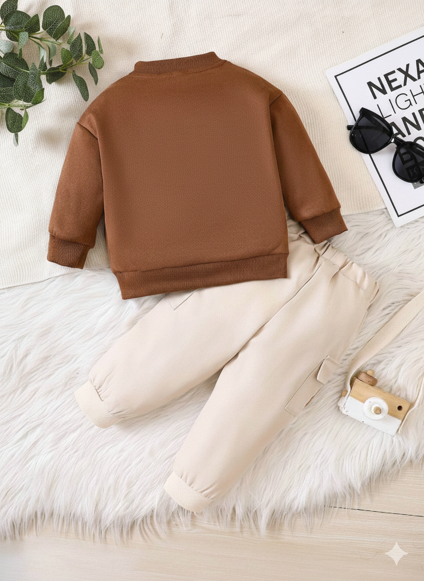 Stylish Baby Boy Suede Jacket & Cargo Pants Set – Cozy & Trendy Outfit for All Seasons
